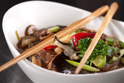 Asian Hot Pot of Bison Tenderloin and Homemade Udon Noodles