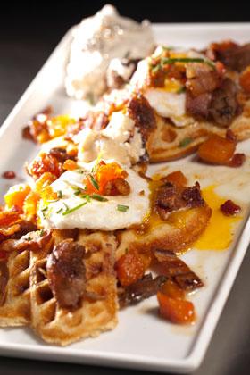 Bacon Seared Duck Confit and Bacon Belgium Waffles